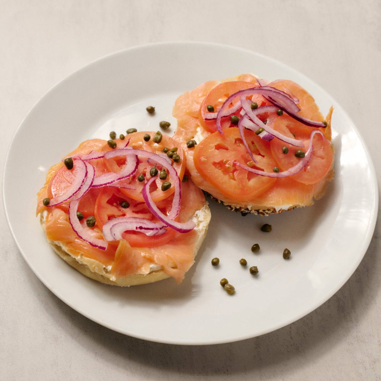 Open face lox and cream cheese bagel at Benny's Bagels Dallas